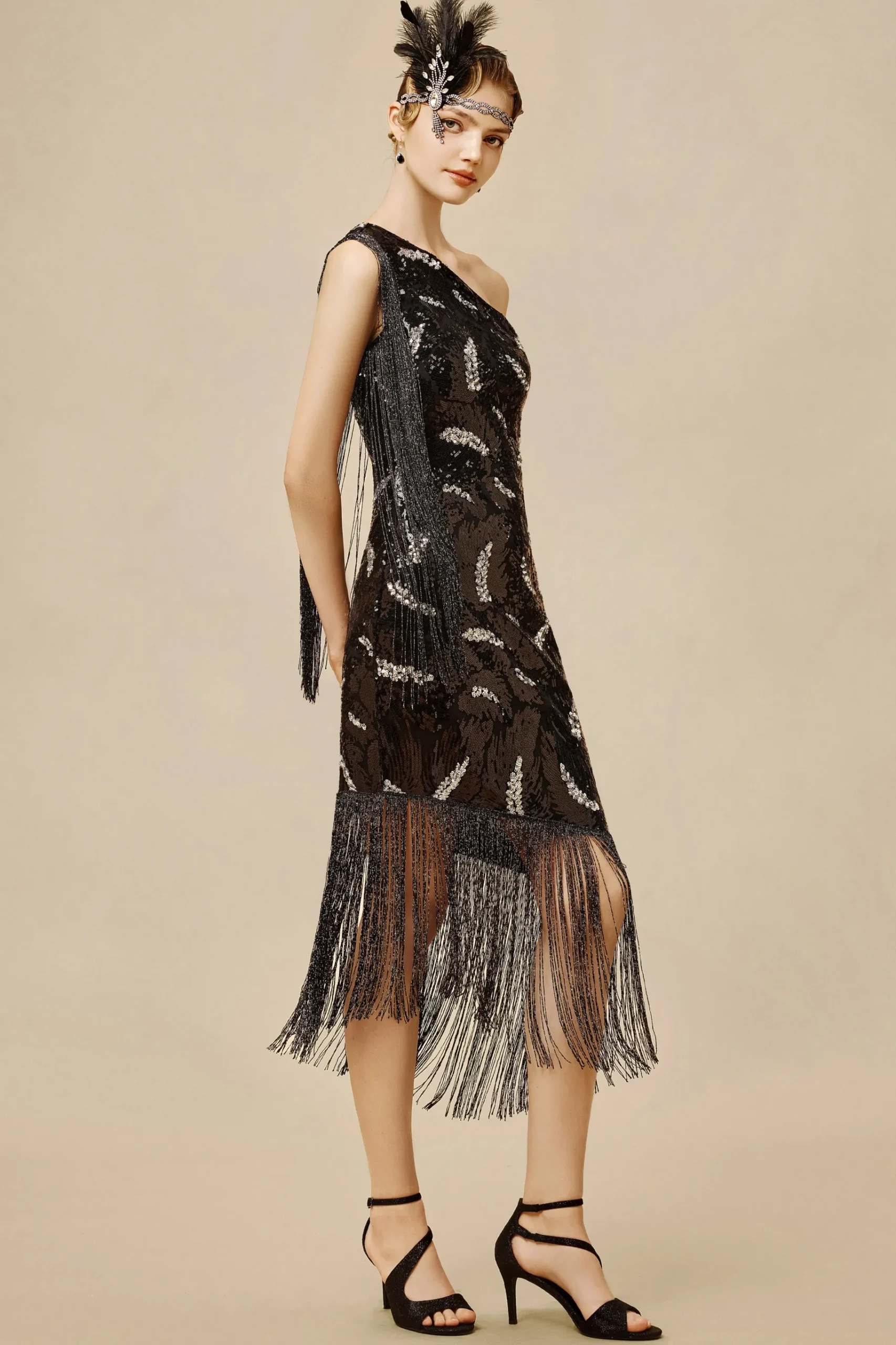 BABEYOND Dresses|La Revue Negre Feather Sequins Evening Gown Black/Silver