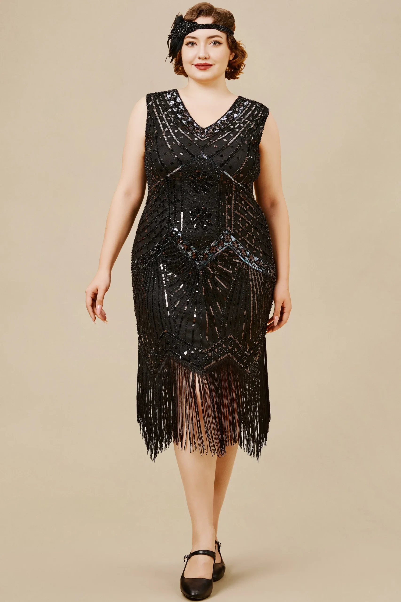 BABEYOND Dresses|Long Fringe Flapper Art Deco Plus Dress Black