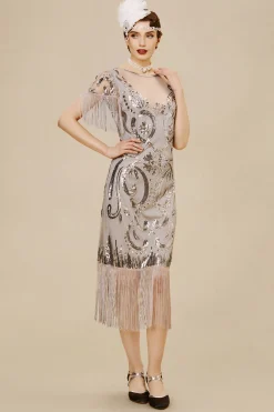 BABEYOND Dresses|Paisley Boat Neck Flapper Midi Dress Gray