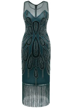 BABEYOND Dresses|Peacock Tassel Flapper Dress Dark Green