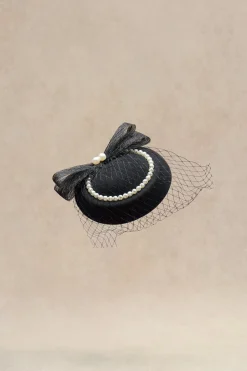 BABEYOND Headpieces & Fascinators|Pearl Studded Veil Feather Pillbox Fascinator Black/White