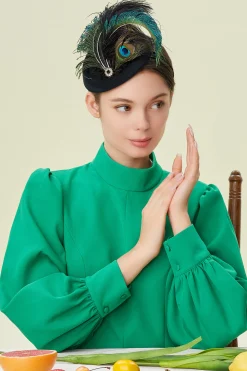 BABEYOND Headpieces & Fascinators|Pillbox Peacock Feather Fascinator Dark Green