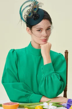 BABEYOND Headpieces & Fascinators|Pillbox Veil Peacock Fascinator Dark Green