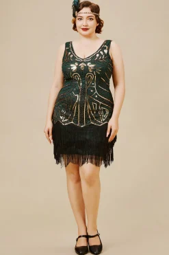 BABEYOND Dresses|Retro Paisley Art Deco Party Plus Dress Dark Green/Gold