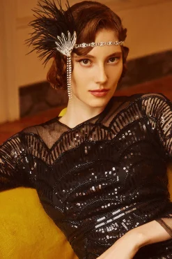 BABEYOND Headpieces & Fascinators|Rhinestone Beaded Feather Headband Black/Silver