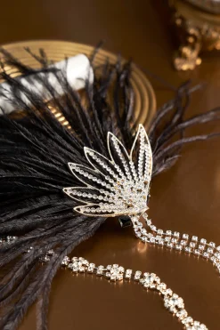BABEYOND Headpieces & Fascinators|Rhinestone Beaded Feather Headband Black/Silver