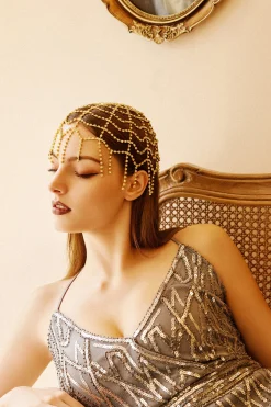 BABEYOND Headpieces & Fascinators|Rhinestone Chain Cap Headpiece Gold