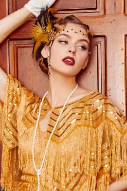 BABEYOND Headpieces & Fascinators|Rhinestone Chain Feather Headband Black/Gold