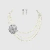 BABEYOND Jewelry|Rhinestone Floral Multi-Layer Pearl Necklace Set Cream