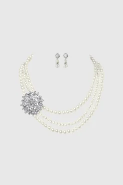 BABEYOND Jewelry|Rhinestone Floral Multi-Layer Pearl Necklace Set Cream