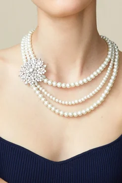 BABEYOND Jewelry|Rhinestone Floral Multi-Layer Pearl Necklace Set Cream