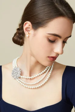 BABEYOND Jewelry|Rhinestone Floral Multi-Layer Pearl Necklace Set Cream