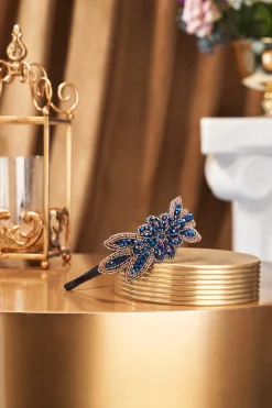 BABEYOND Headpieces & Fascinators|Rhinestone Leaf Velvet Headband Blue