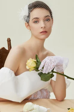 BABEYOND Headpieces & Fascinators|Rhinestone Studded Veil Feather Fascinator White