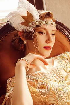 BABEYOND Headpieces & Fascinators|Roaring 20S Leaf Feather Headband White