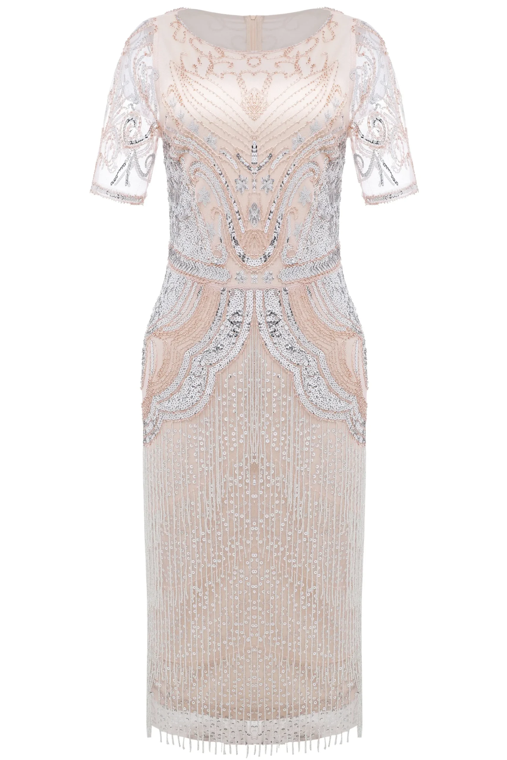 BABEYOND Dresses|Round Neck Sequin Beaded Fringe Dress Champagne