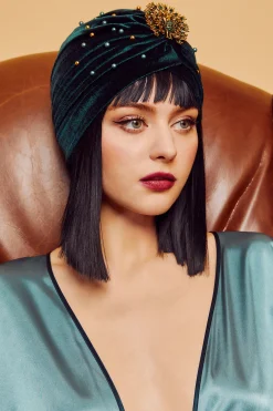 BABEYOND Headpieces & Fascinators|1920S Beaded Peacock Turban Hat Dark Green