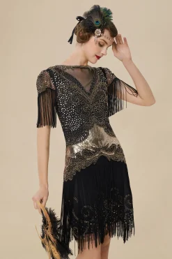 BABEYOND Dresses|1920S Flapper Fringed Sleeves Dress Black/Gold