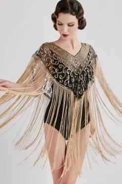 BABEYOND Shawls & Scarves|1920S Long Fringed Beaded Shawl Black/Gold