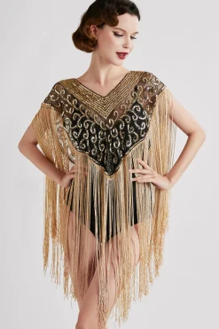 BABEYOND Shawls & Scarves|1920S Long Fringed Beaded Shawl Black/Gold