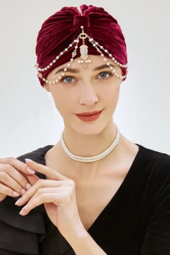 BABEYOND Headpieces & Fascinators|1920S Pearl Chain Turban Hat Dark Red