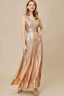 BABEYOND Dresses|Scoop Neck Sheer Side Slit Sequin Dress Champagne