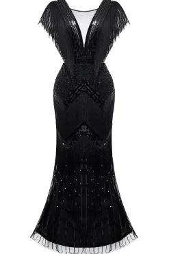 BABEYOND Dresses|Scoop Neck Sheer Tiered Fringe Sequin Dress Black