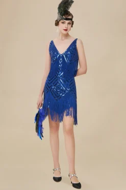 BABEYOND Dresses|Sequin Beaded V-Neck Mini Dress Dark Blue
