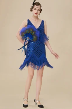 BABEYOND Dresses|Sequin Beaded V-Neck Mini Dress Dark Blue