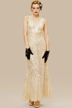 BABEYOND Dresses|Sheer Scoop Neck Sequin Cocktail Dress Gold