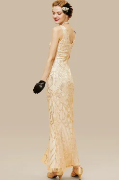 BABEYOND Dresses|Sheer Scoop Neck Sequin Cocktail Dress Gold