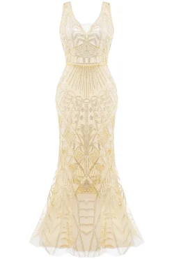 BABEYOND Dresses|Sheer Scoop Neck Sequin Cocktail Dress Gold