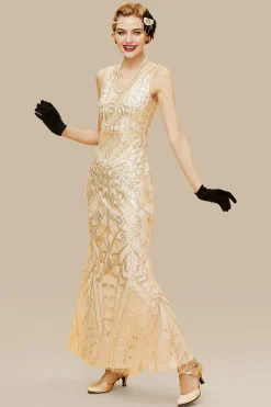 BABEYOND Dresses|Sheer Scoop Neck Sequin Cocktail Dress Gold