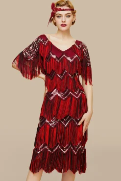 BABEYOND Dresses|Shimmering Tie Fringe Sequin Dress Red