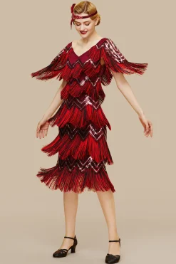BABEYOND Dresses|Shimmering Tie Fringe Sequin Dress Red