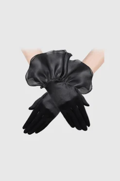 BABEYOND Evening Gloves|Short Ruffle Satin Lace Gloves Black