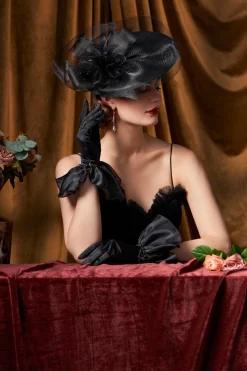 BABEYOND Evening Gloves|Short Ruffle Satin Lace Gloves Black