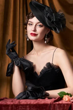 BABEYOND Evening Gloves|Short Ruffle Satin Lace Gloves Black