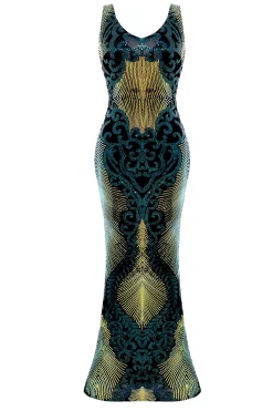BABEYOND Dresses|Sleeveless Peacock Sequin Maxi Dress Dark Green/Gold