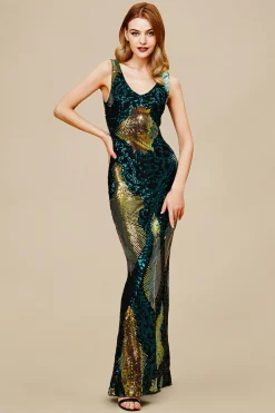 BABEYOND Dresses|Sleeveless Peacock Sequin Maxi Dress Dark Green/Gold
