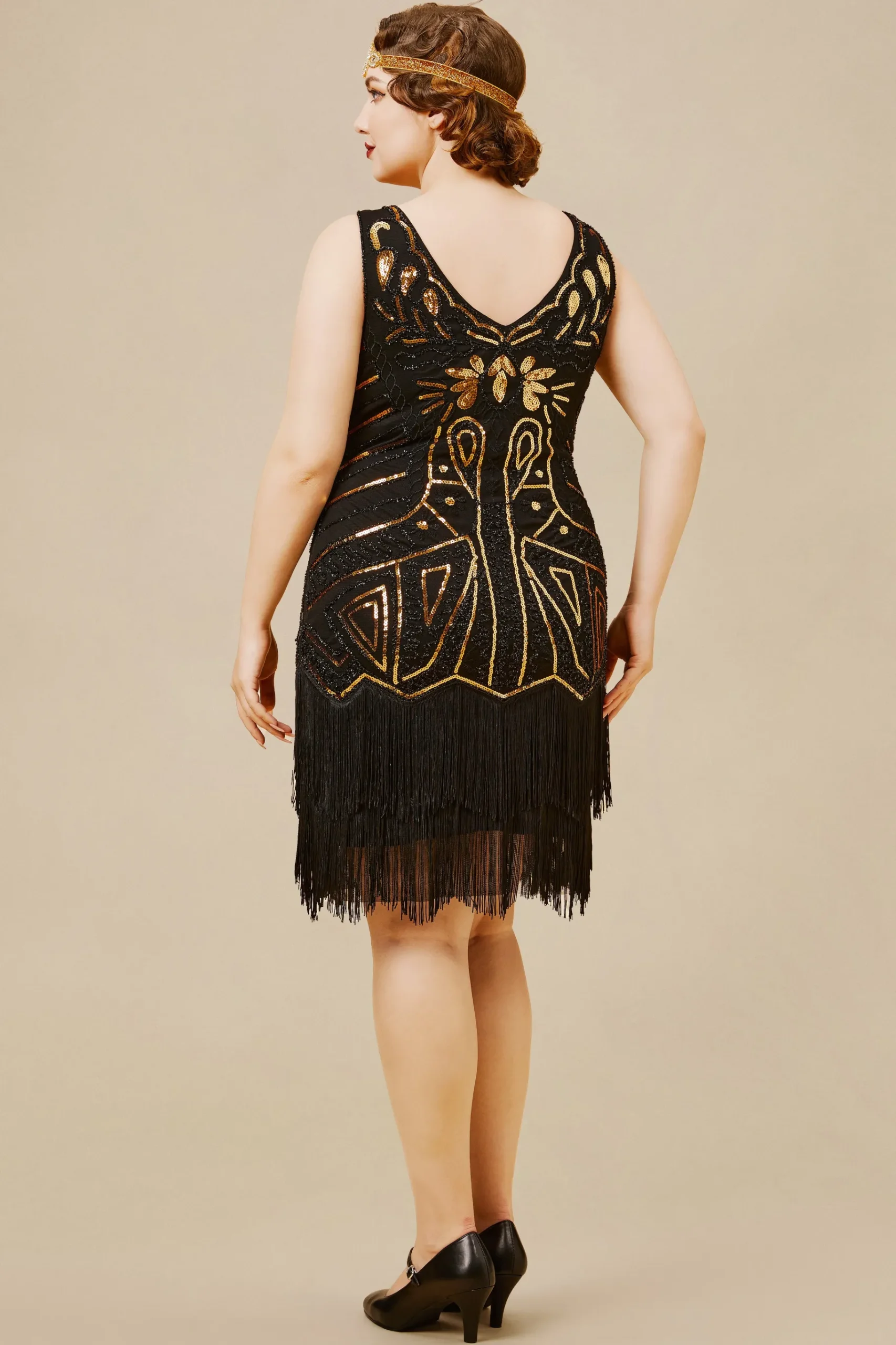 BABEYOND Dresses|Tiered Tassel Vintage Flapper Plus Dress Black/Gold