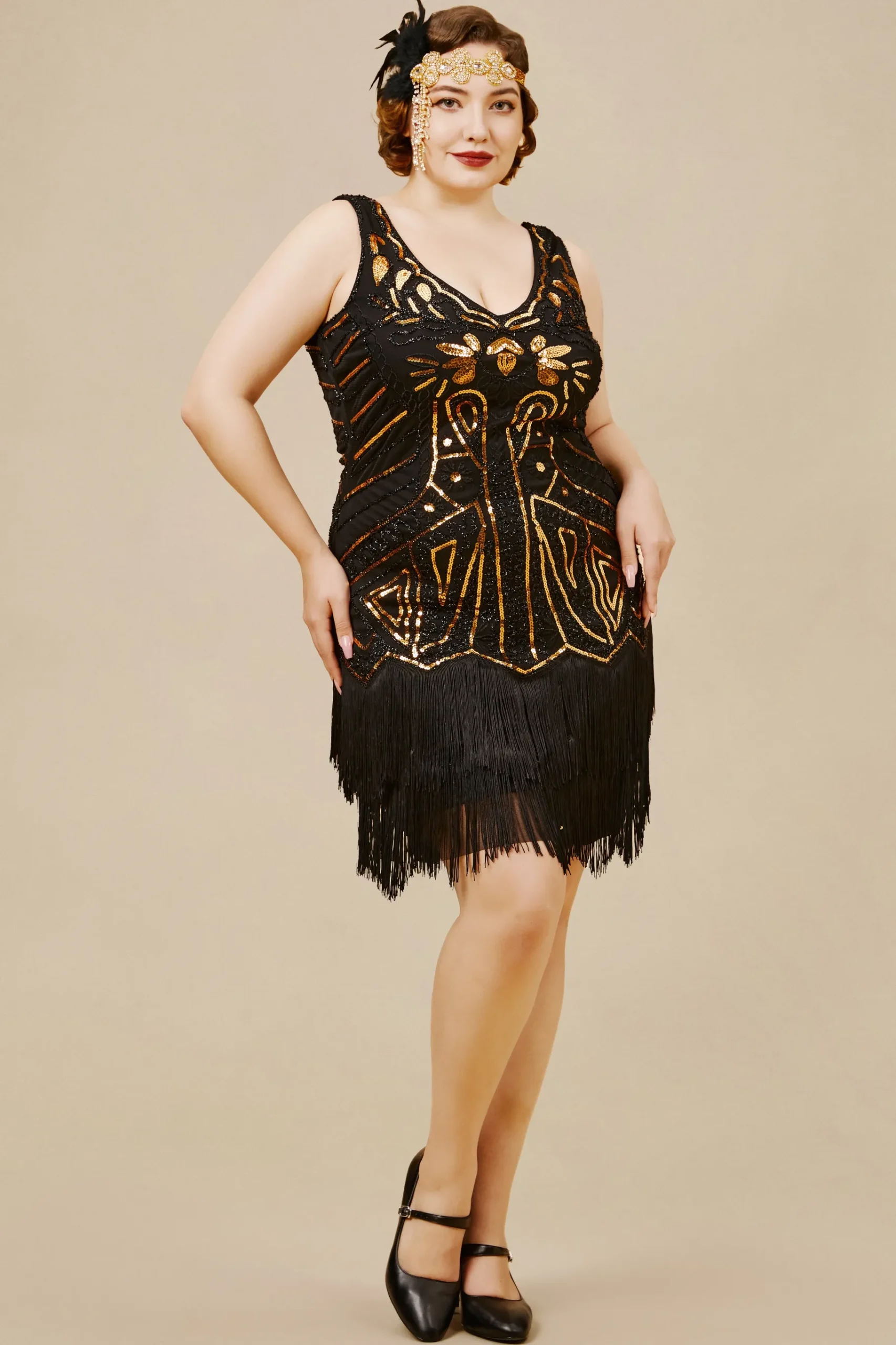 BABEYOND Dresses|Tiered Tassel Vintage Flapper Plus Dress Black/Gold