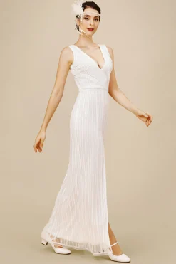 BABEYOND Dresses|V Neck Sequin Frontal Slit Dress White