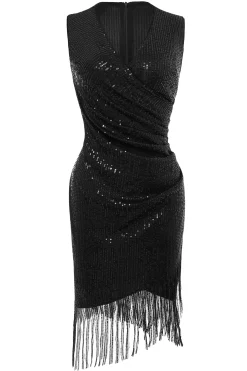 BABEYOND Dresses|V Neck Tie Sequin Fringe Dress