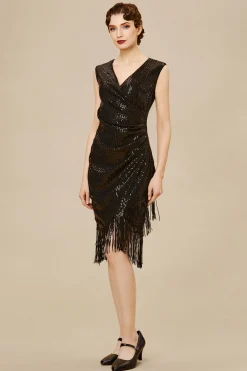 BABEYOND Dresses|V Neck Tie Sequin Fringe Dress