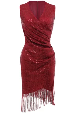 BABEYOND Dresses|V Neck Tie Sequin Fringe Dress