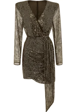 BABEYOND Dresses|V Neck Tie Sequin Mini Dress Black/Gold