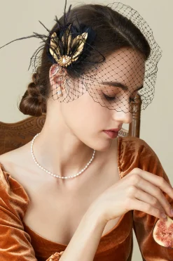 BABEYOND Headpieces & Fascinators|Veil Rhinestone Feather Fascinator Black/Gold