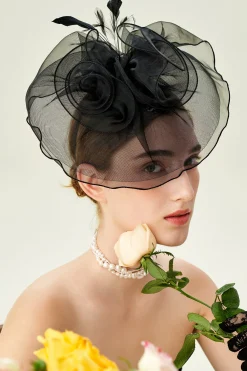 BABEYOND Headpieces & Fascinators|Vintage Floral Mesh Feather Fascinator Black