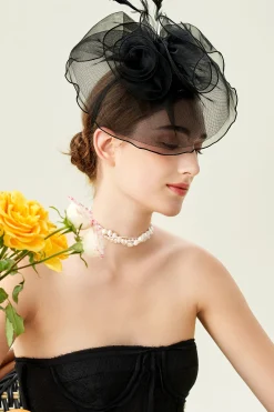 BABEYOND Headpieces & Fascinators|Vintage Floral Mesh Feather Fascinator Black
